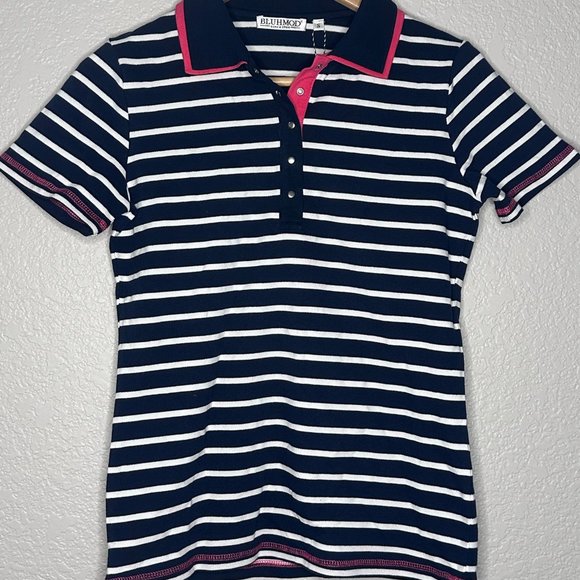 BLUHMOD Small Blue and White Stripped Polo with Pink Lining - Picture 2 of 7
